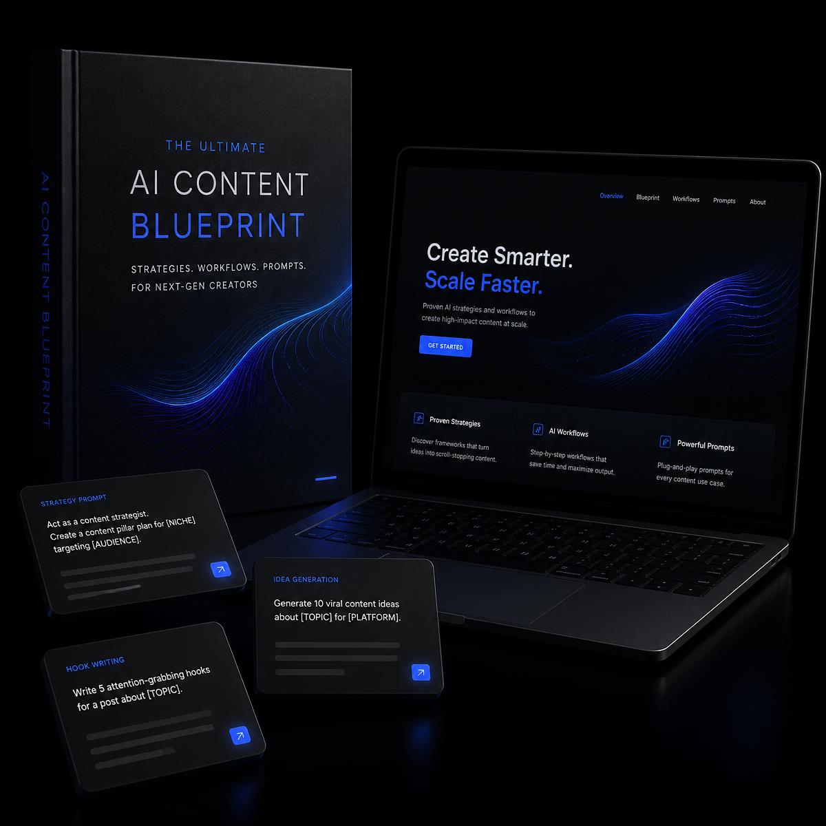 The AI Website Blueprint guide cover with prompt cards and a laptop showing a finished website